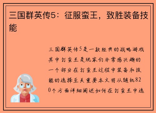三国群英传5：征服蛮王，致胜装备技能