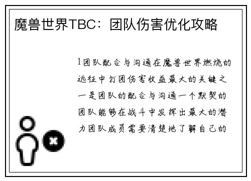 魔兽世界TBC:团队伤害优化攻略